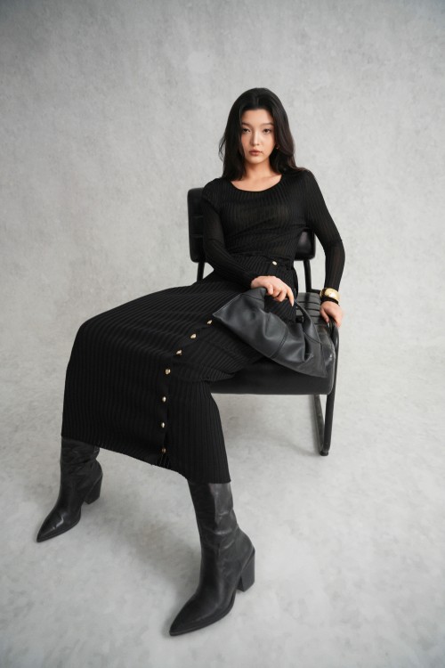 Sixdo Black Side Button Knit Pencil Dress